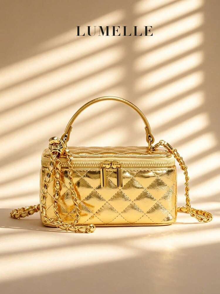 Metallic Gold Quilted Mini Makeup Bag, Women's Handbag With Adjustable Gold Chain Strap, Party/Da... | SHEIN