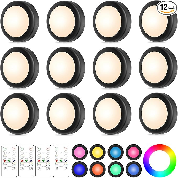 Yiliaw 12 Pack LED Puck Lights Remote Control 16 Color Changeable Under Cabinet Lights, Battery O... | Amazon (US)