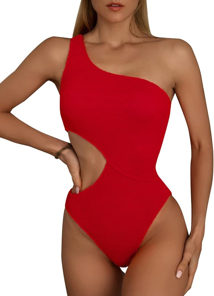 Limeeke Women's Cutout One Piece Swimsuit One Shoulder Swimwear Ribbed Monokini Bathing Suits | Amazon (US)