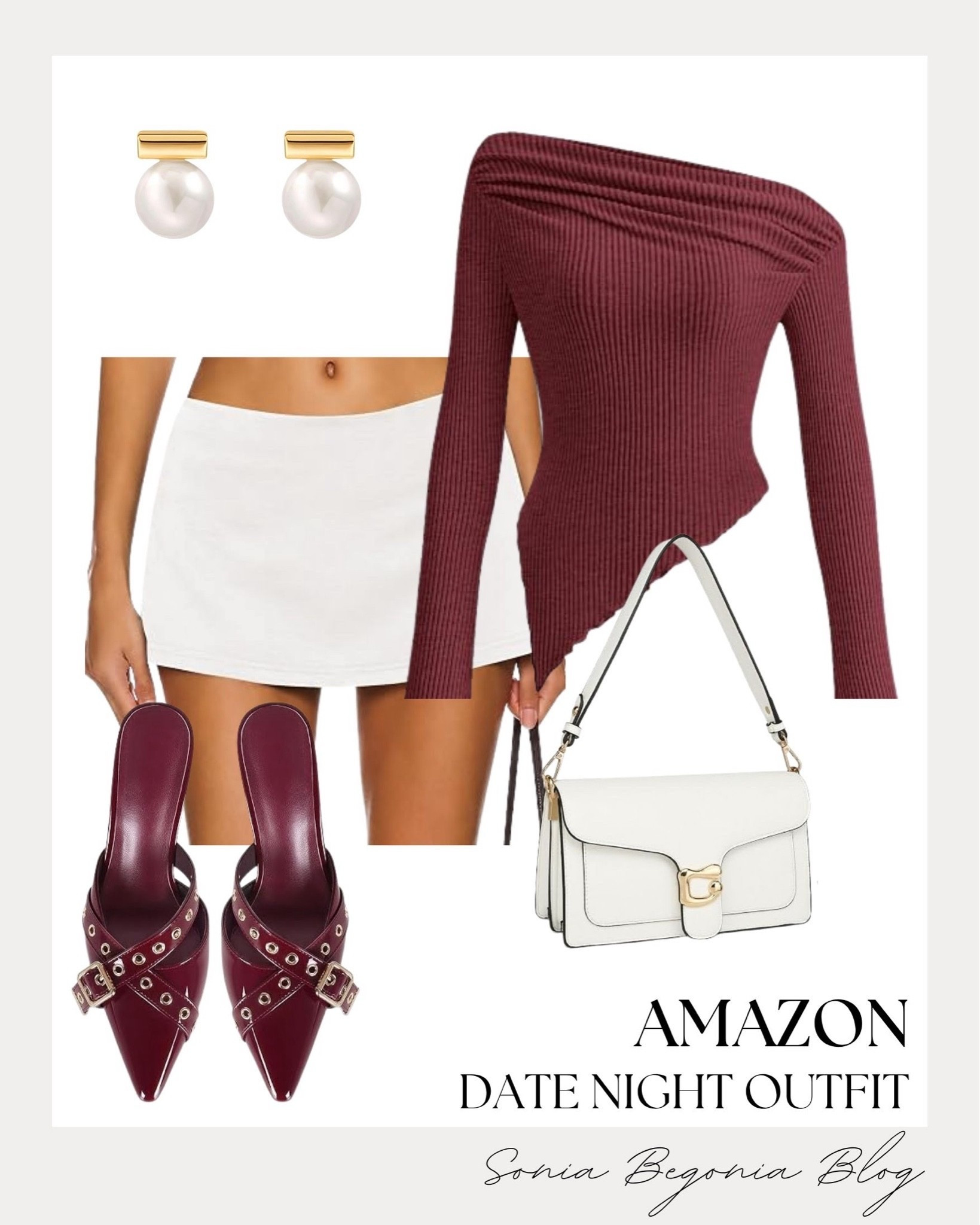 Chic date night outfit idea! 🍷

I styled an asymmetrical off-the-shoulder ribbed sweater in deep burgundy with a sleek white mini skirt.

I paired it with matching burgundy studded mules, a structured white shoulder bag, and gold pearl earrings to finish the look. ✨

#AmazonFashion #DateNightOutfit #FallFashion #LTKstyletip #OOTD #BurgundyVibes #ChicStyle #AmazonFinds

#LTKootd