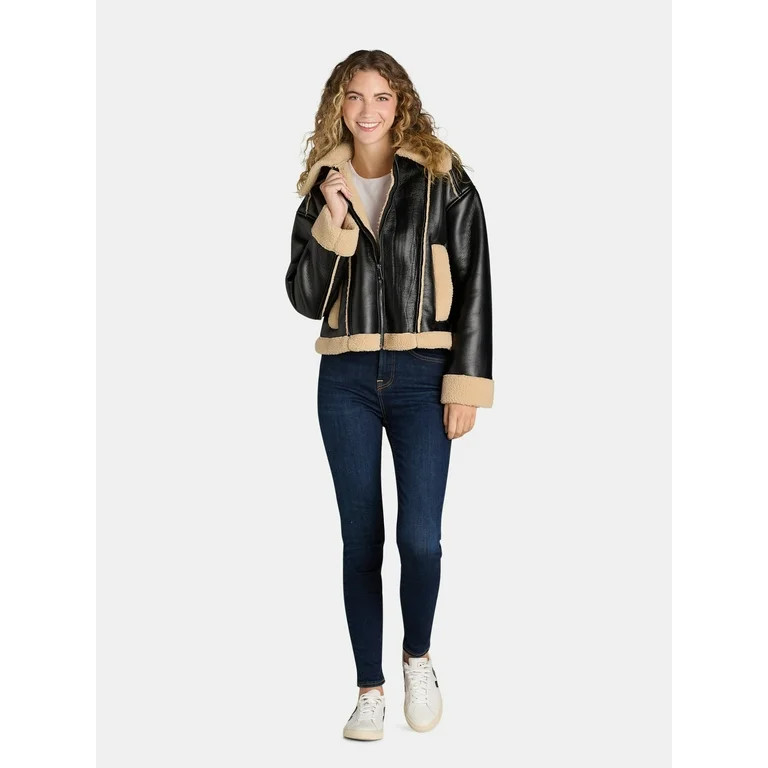 Time and Tru Women's and Women's Plus Bonded Faux Shearling Bomber Jacket, Sizes XS-3X | Walmart (US)