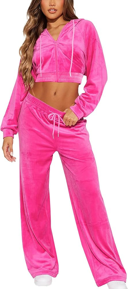 SMSN Women Sweatsuits Set Velvet 2 Piece Tracksuit Outfits Velour Jogging Long Sleeve Sweat Hoodi... | Amazon (US)