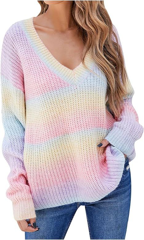 Hemlock Women Rainbow Sweaters V Neck Tie Dye Pullovers Warm Knit Sweater Tops Outwear Autumn Winter | Amazon (US)