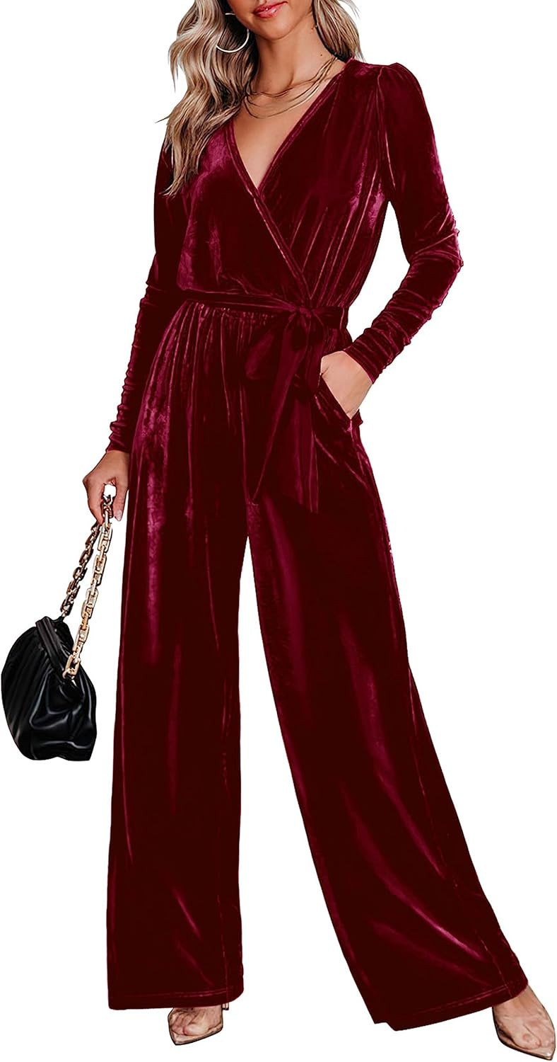 MASCOMODA 2023 Velvet Long Sleeve Wide Leg Jumpsuits for Women Dressy V Neck Belted Romper One Piece | Amazon (US)