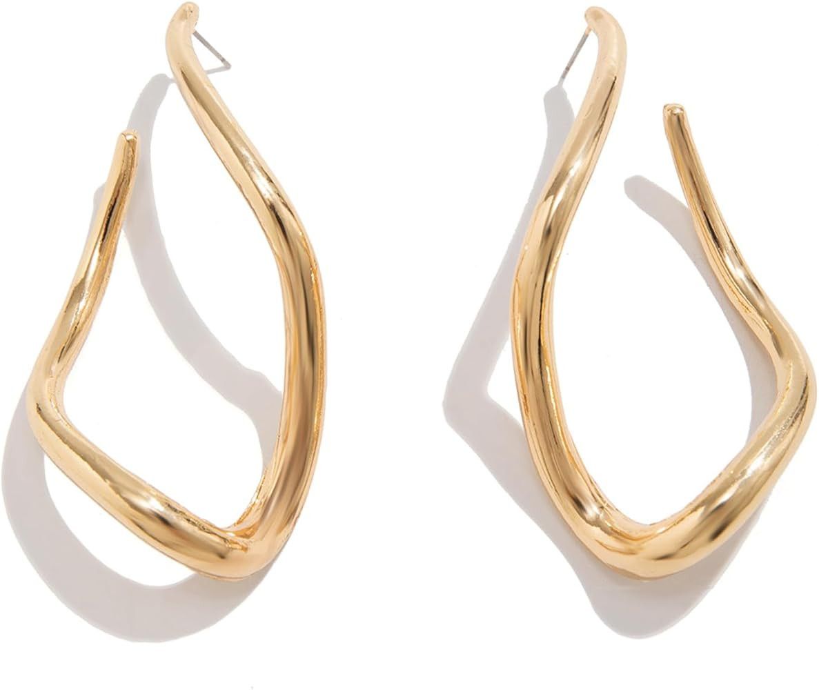 Irregular Long Twist Earrings Gold Hoop Geometric Exaggerated Dangle Earring Trendy Lightweight S... | Amazon (US)