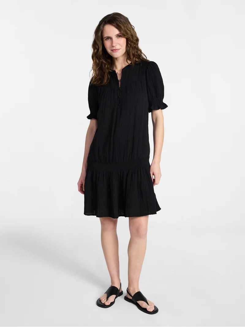 Time and Tru Women's Cotton Double Cloth Drop Waist Mini Dress with Puff Sleeves, Sizes XS-XXXL | Walmart (US)