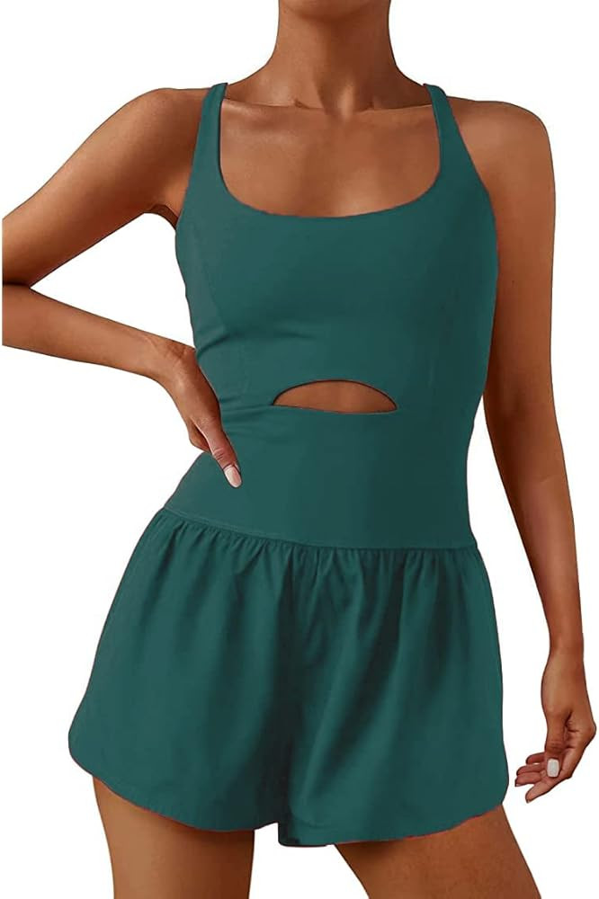 Womens Workout Athletic Romper One Piece Exercise Jumpsuit Shorts Gym Clothes Outfits With Back Z... | Amazon (US)