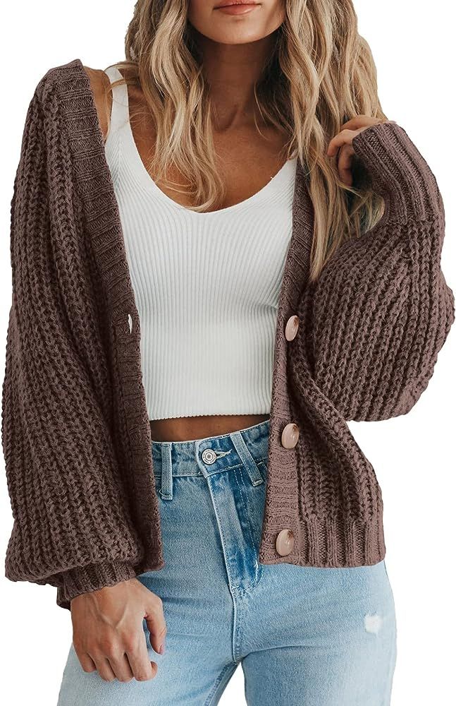Women's Chunky Knit Open Front Sweater Long Sleeve Button Loose Short Cardigan Outerwear Coats | Amazon (US)