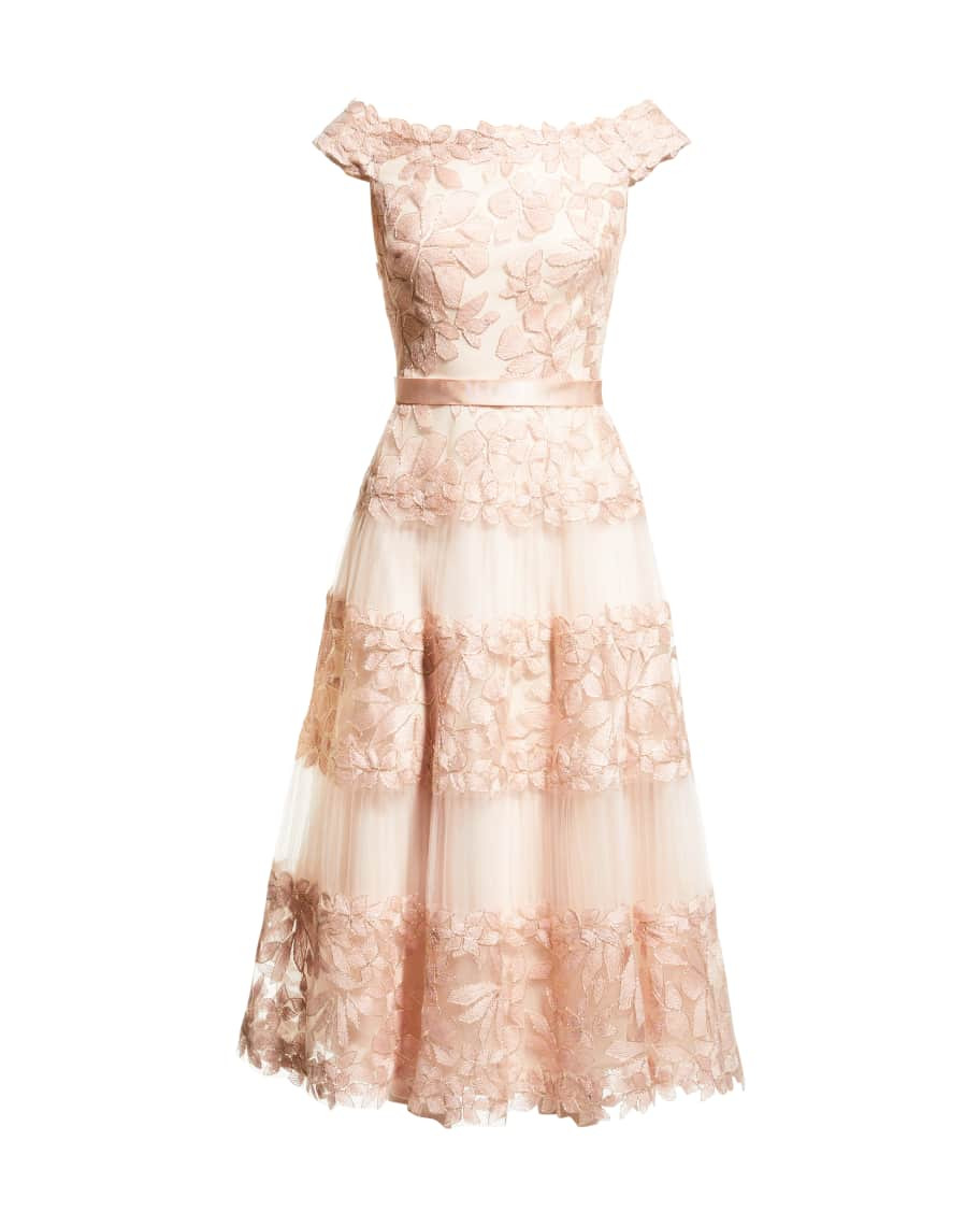 Tadashi Shoji Off-the-Shoulder Cap-Sleeve Lace Midi Dress | Neiman Marcus