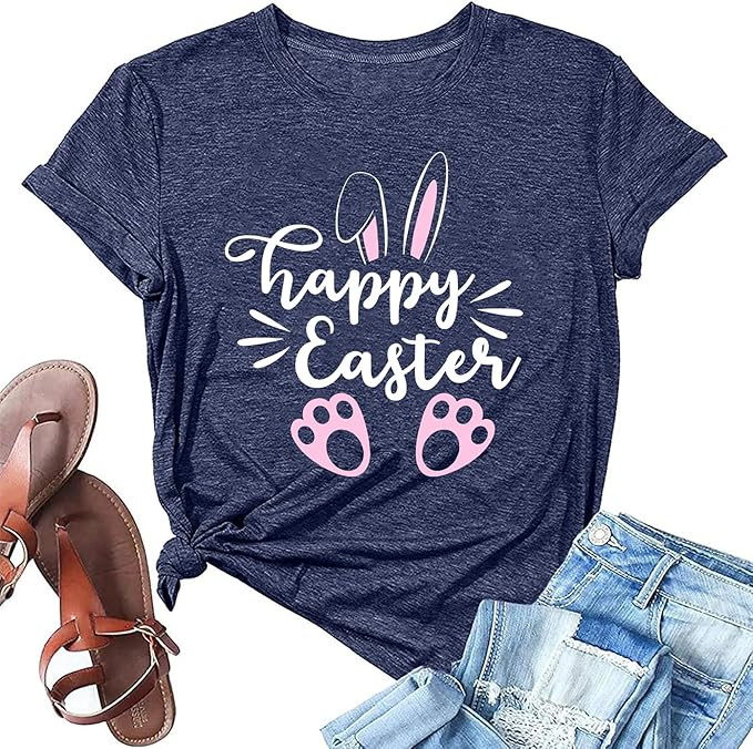Happy Easter Shirts for Women Short Sleeve Funny Bunny Graphic Tee Letter Print Crewneck Gift Top... | Amazon (US)