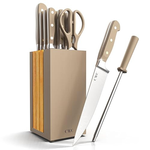 COOK WITH COLOR 14 Pieces Kitchen Knife Block Set, Knives for Kitchen, Forged Cutlery with Razor-Sharp High Carbon Steel Blades, Magnetic Block | Amazon (US)