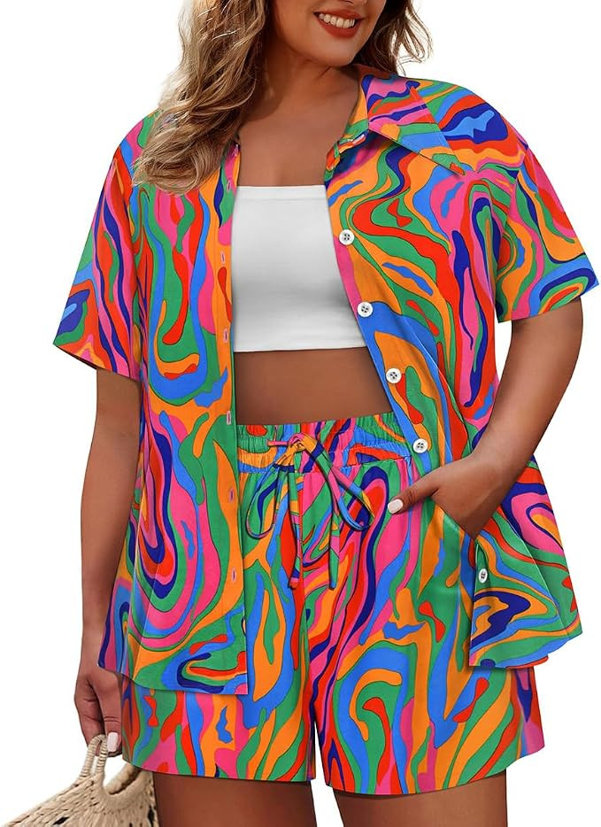 CARCOS Women's Plus Size 2 Piece Sets Summer Top and Shorts Set Short Sleeve Vacation Casual Trac... | Amazon (US)