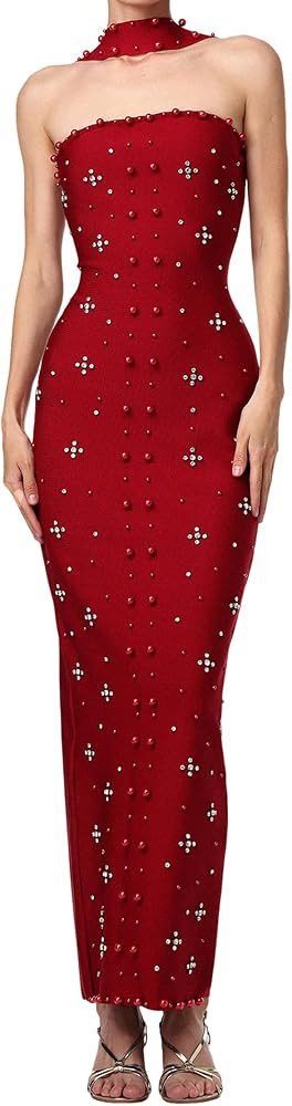 Maxi Strapless Sleeveless Halter Sparkly Backless Corset Dress Evening Pearl Rhinestones Bandage ... | Amazon (US)