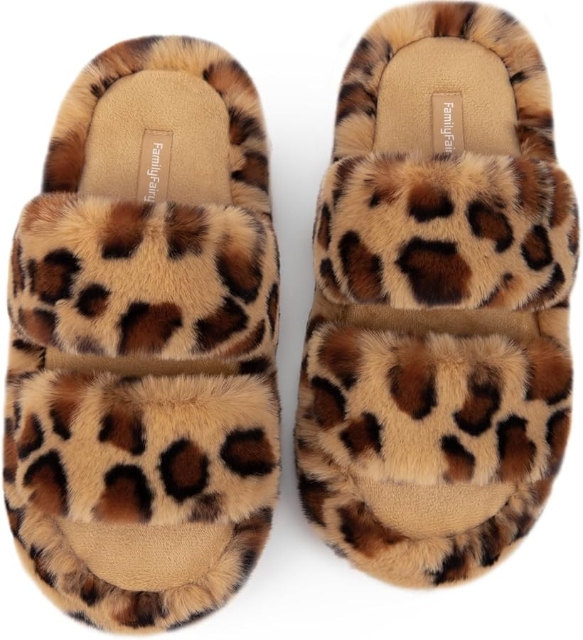 FamilyFairy Women's Fluffy Faux Fur Slippers Comfy Open Toe Two Band Slides with Fleece Lining an... | Amazon (US)