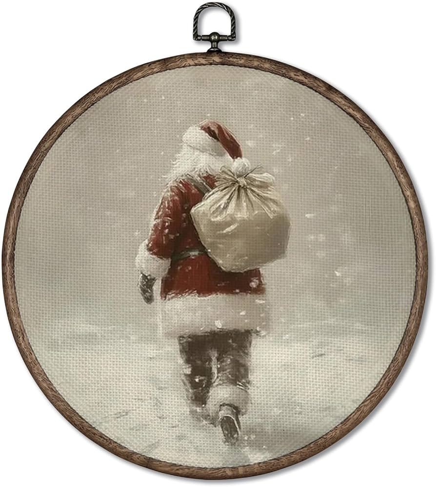 Giosve Vintage Christmas Santa Round Wall Art Canvas Framed Poster, Rustic Cozy Winter Christmas ... | Amazon (US)