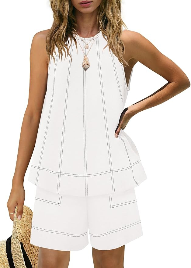 Panadila Womens Summer 2 Piece Sets Beach Vacation Outfits High Neck Tank Top and Shorts Set Reso... | Amazon (US)