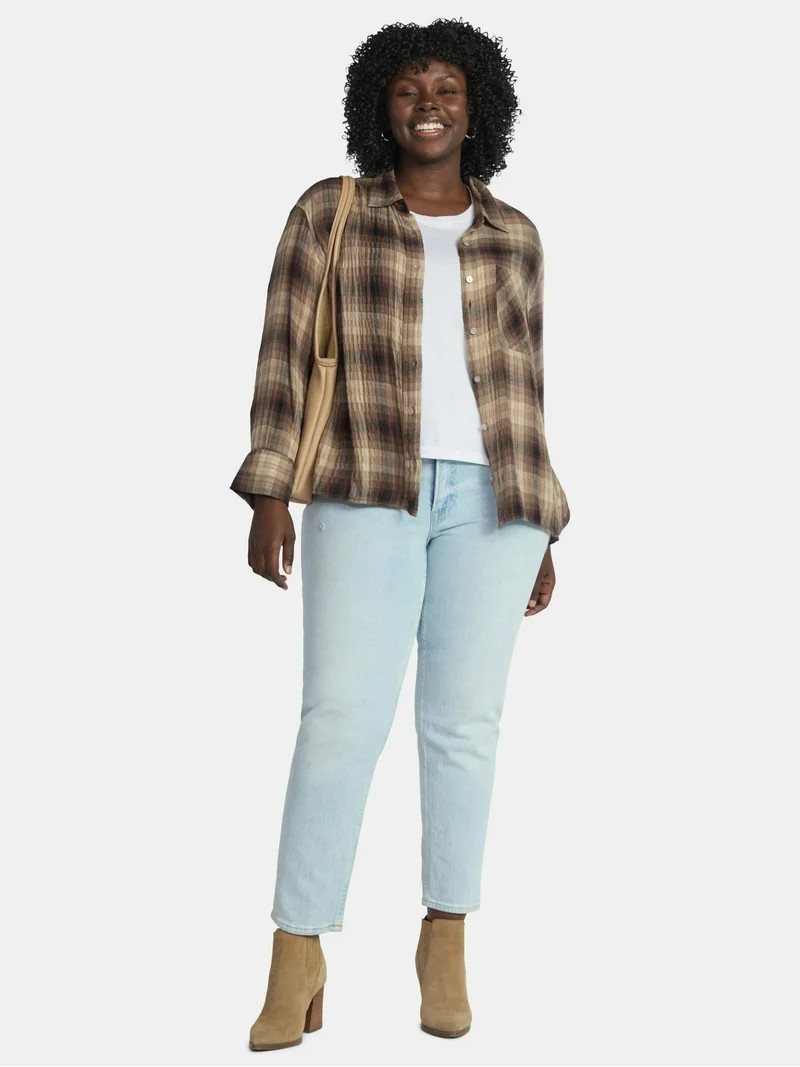Terra & Sky Women's Plus Plaid Button Front Shirt, Sizes 0X-5X | Walmart (US)