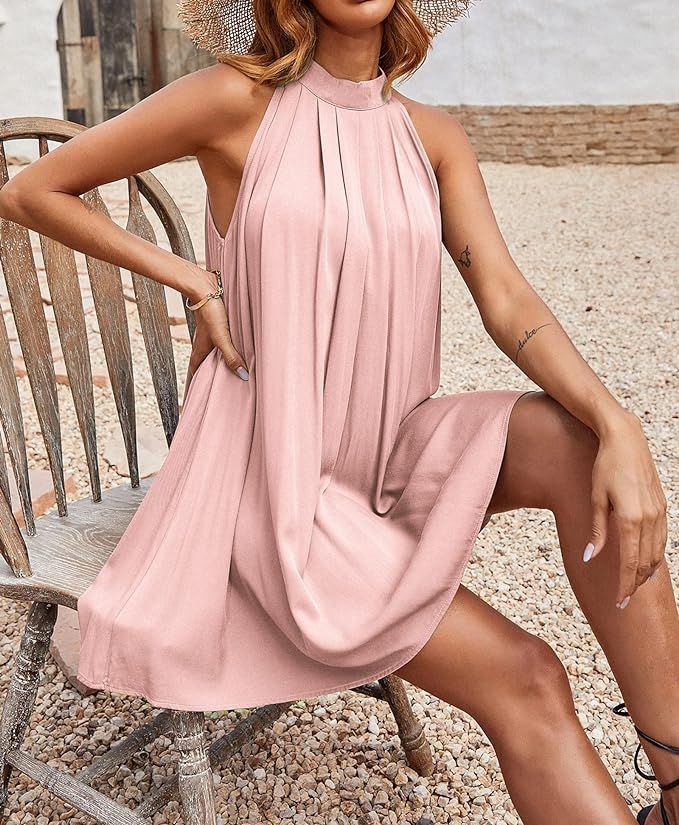 KIRUNDO Women's 2024 Summer Halter Neck Sleeveless Mini Dress Loose Tank Top Pleated Flowy Short ... | Amazon (US)