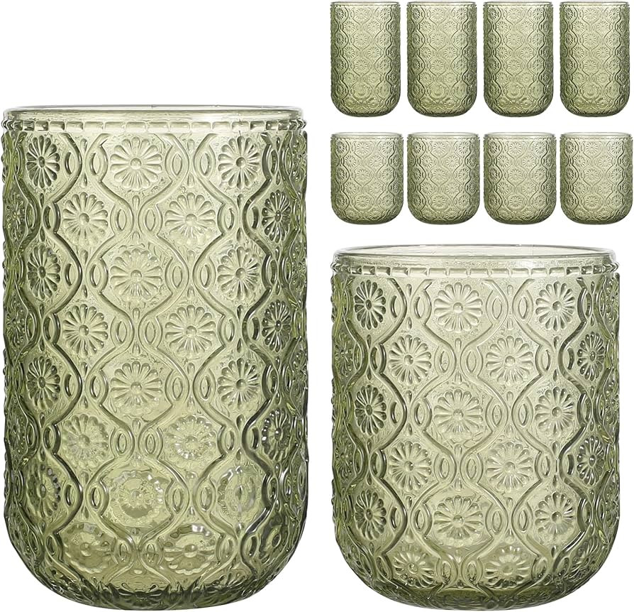 Set of 8 Vintage Embossed Glassware,4 Highball Glasses 14oz & 4 Rocks Drinking Glasses 9oz, Art D... | Amazon (US)