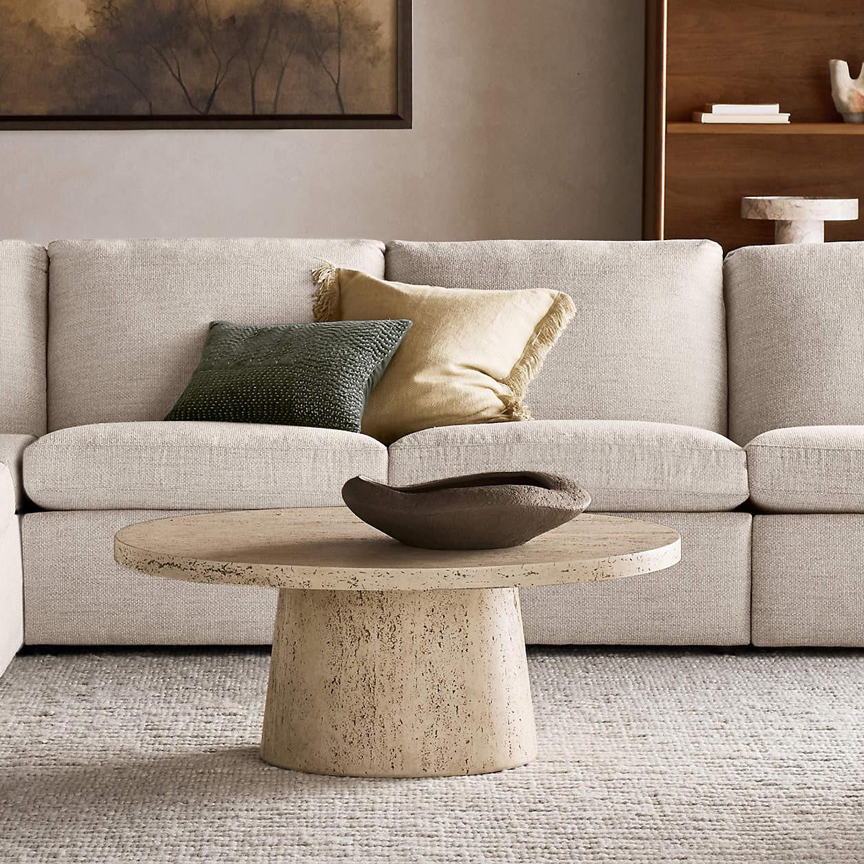 Willy Faux Travertine Resin 44" Round Pedestal Coffee Table by Leanne Ford + Reviews | Crate & Ba... | Crate & Barrel