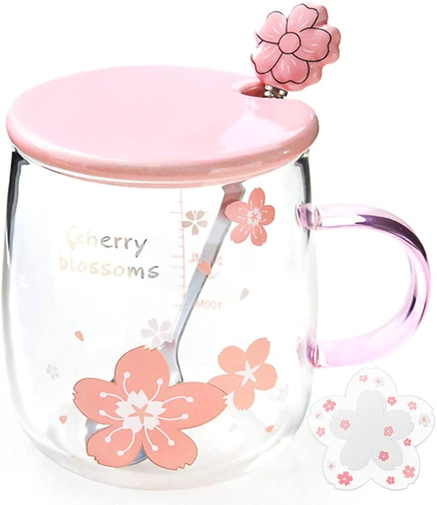 Sakura Mug Creative Sakura Cup Coaster, taza para beber oficina con escala, bonita taza de vidrio... | Amazon (US)