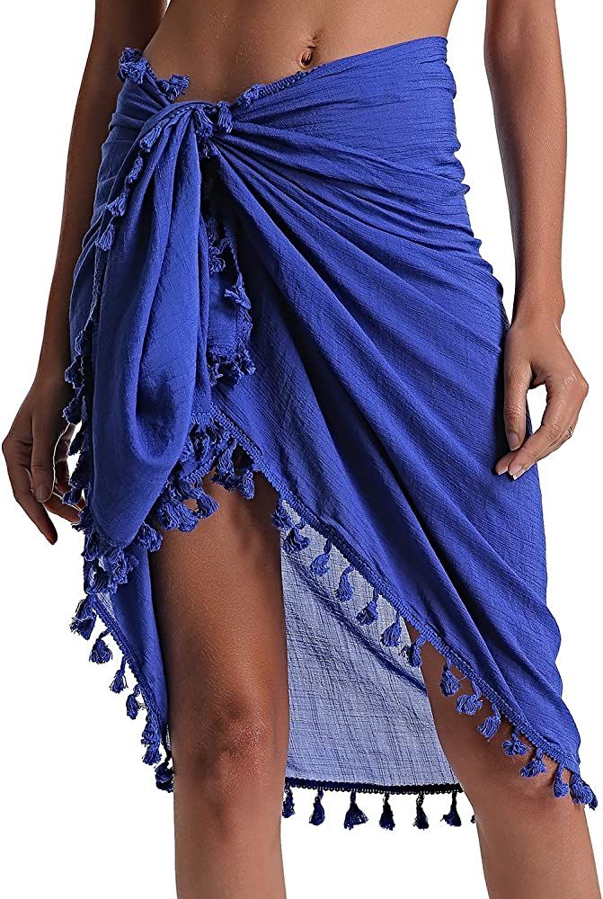 Eicolorte Beach Sarong Pareo Womens Semi-Sheer Swimwear Cover Ups Short Skirt with Tassels | Amazon (US)