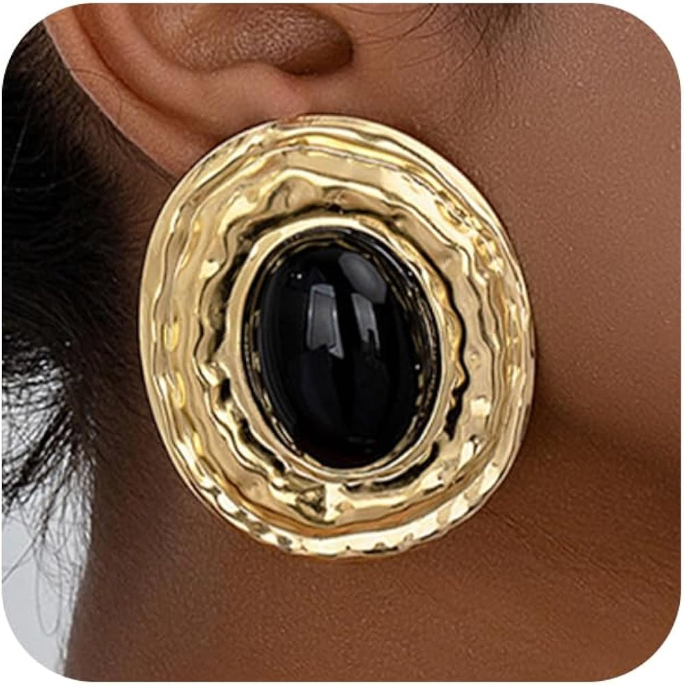 Turquoise Chunky Gold Large Oval Hammered Pleated Stud Earrings for Women, Vintage Oversized Big ... | Amazon (US)