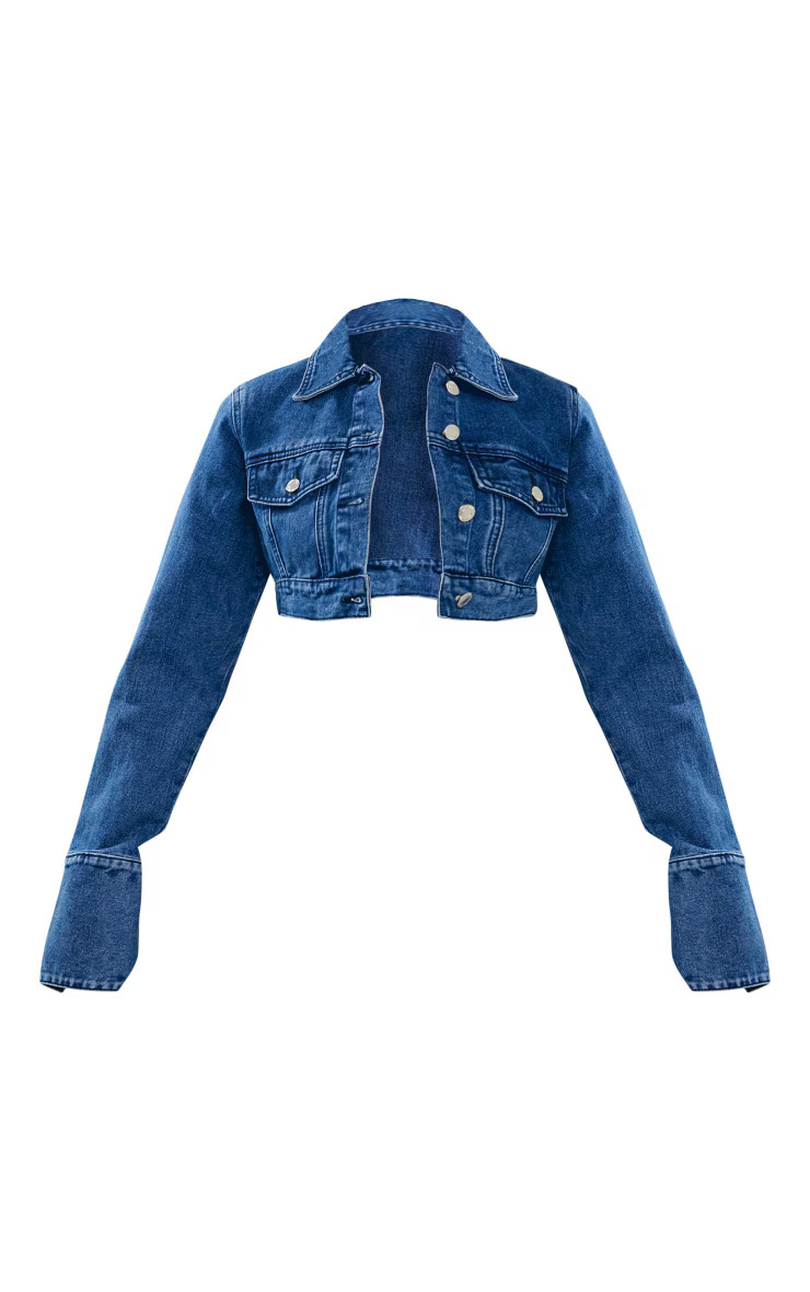 Mid Blue Wash Denim Cuff Detail Cropped Jacket | PrettyLittleThing US