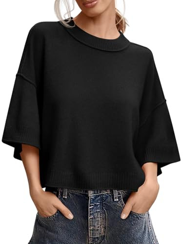 Saodimallsu Womens Short Sleeve Sweater Oversized Cropped Sweaters Knit Top | Amazon (US)