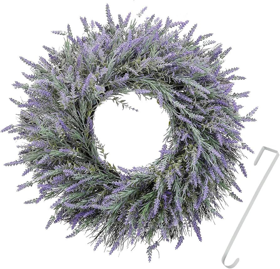 Huadanbor 24" Wreath, Spring Wreaths, Artificial Lavender Wreath for Front Door, with Welcome Sig... | Amazon (US)