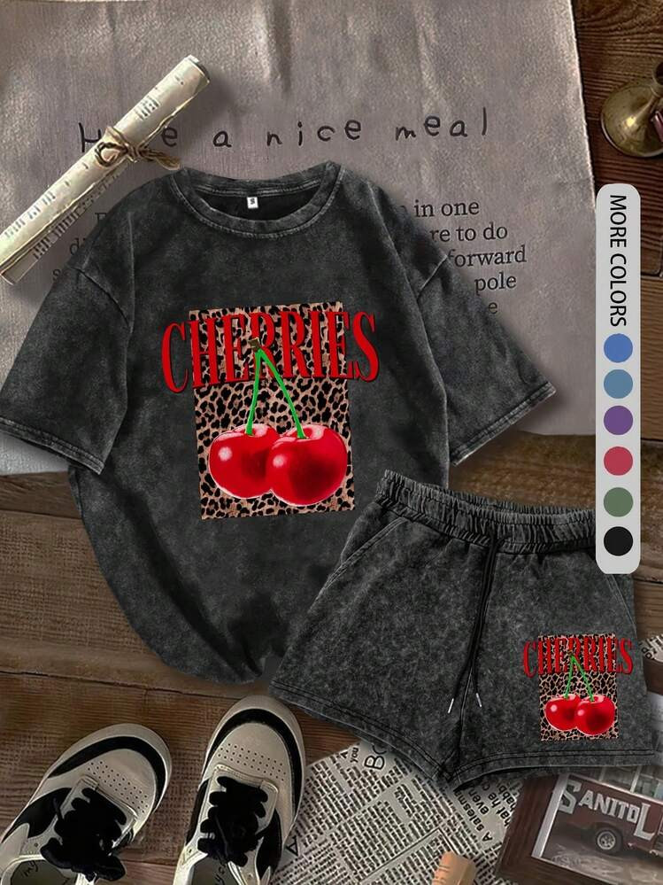 1psTwo-Piece Women's Leopard Print Letter Cherry T-Shirt And Shorts, Casual Short-Sleeved T-Shirt... | SHEIN