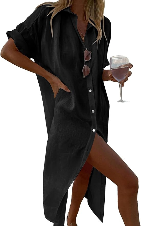 Breezy Lane Swimsuit Coverup for Women Long Button Down Shirt Dress Vacation Wear | Amazon (US)