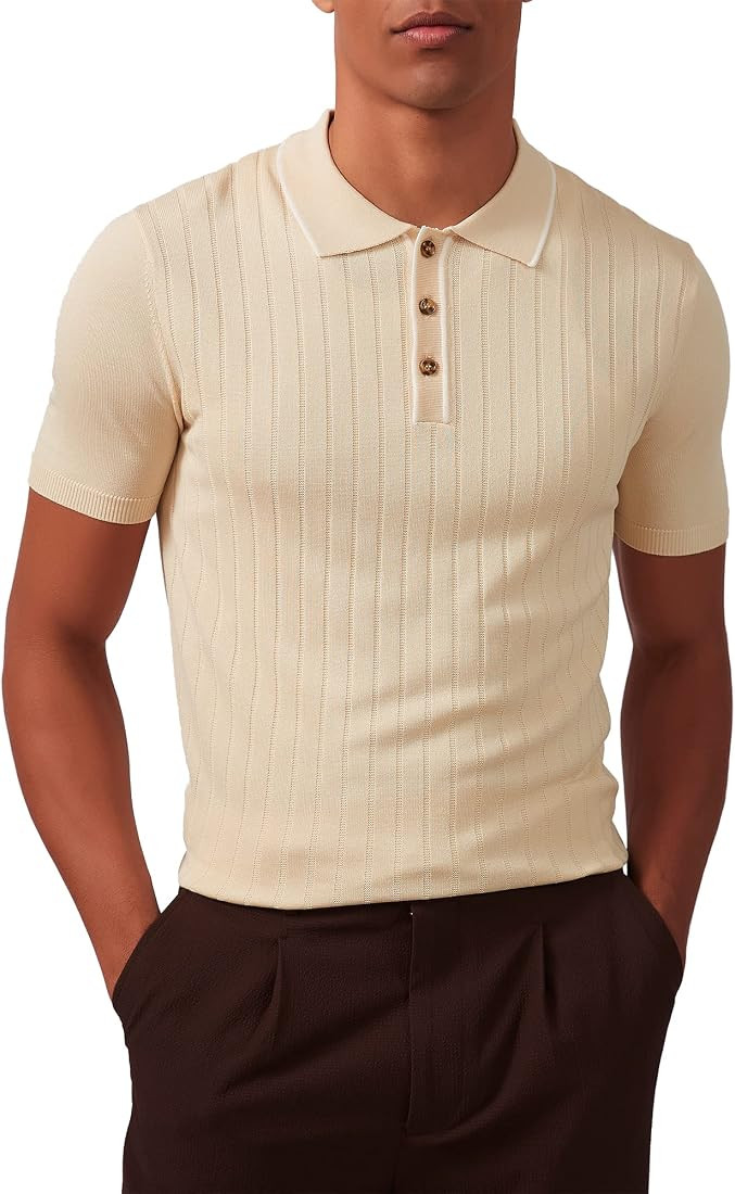 Kallspin Men's Vintage Knitted Polo Shirt Short Sleeve Solid Collared Golf Shirts with Button | Amazon (US)