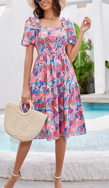 Kormei Women's Square Neck Summer Boho Floral Puff Sleeve A-line Tiered Flowy Casual Midi Dress S... | Amazon (US)