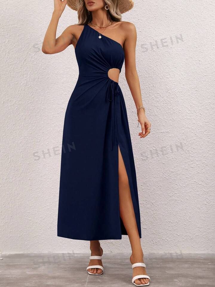 SHEIN LUNE One Shoulder Cut Out Knot Side Split Thigh Dress | SHEIN