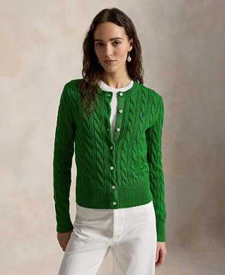 Women's Cable-Knit Cotton Crewneck Cardigan Sweater | Macy's