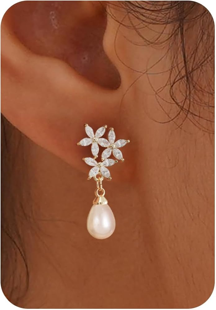 Pearl Earrings-14K Gold Plated Dainty Pearl Drop Simple Wedding CZ Dangle Dangling Cute Stud Earr... | Amazon (US)