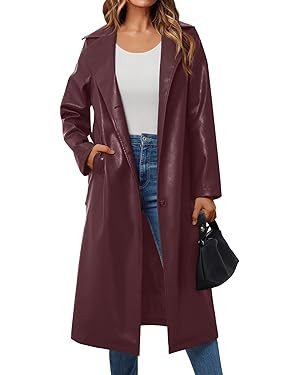 Trendy Queen Womens Long Leather Jackets Trench Coat Blazer Lapel Faux Open Front with Belt | Amazon (US)