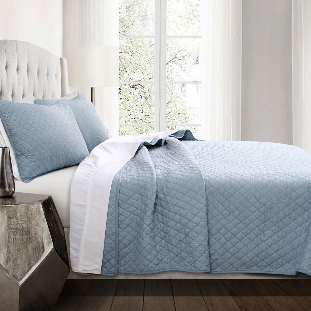 3pc Full/Queen Ava Diamond Oversized Cotton Quilt Set Blue - Lush Décor | Target