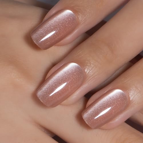Curvlife Press on Nails Short Quicksand Powder Cat Eye Square Acrylic Fake Nails with Apricot Design Full Cover Glossy Nude Glue on Nails Artificial for Women | Amazon (US)