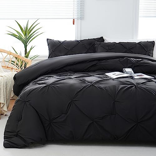 DOWNCOOL Queen Comforter Set - 3 Pieces Cute Pinch Pleat Bed Set, Soft Fluffy Comforters Queen Size Black, Down Alternative Bedding Comforter Sets for All Season, 1 Comforter & 2 Pillowcases | Amazon (US)