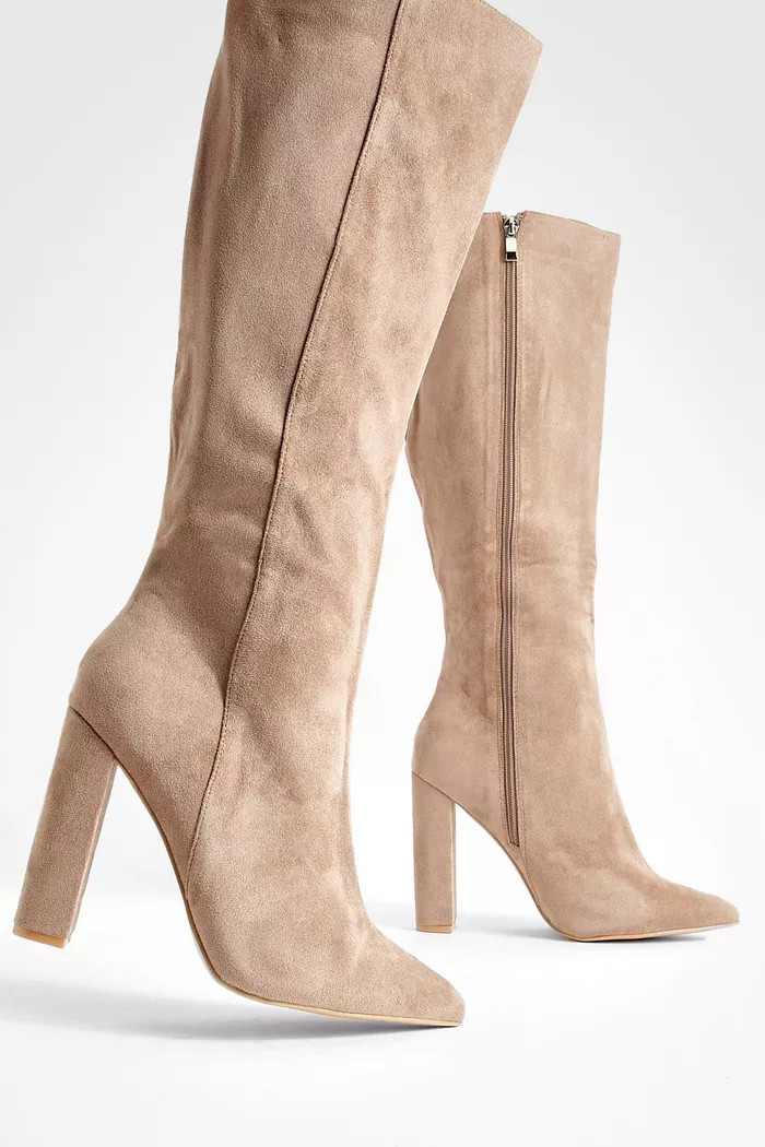 Wide Fit Pointed Knee High Heeled Boots | Boohoo.com (UK & IE)