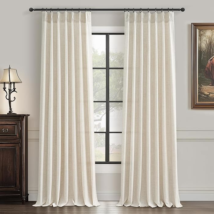Pinch Pleated Semi Sheer 100 Inch Curtains, Pretty Neutral Cream Ivory Flax Linen Decorative Ligh... | Amazon (US)