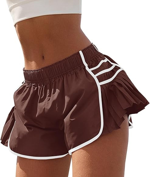 Fisoew Womens Workout Gym Shorts Running Pleated Contrast Stitch Elastic Waist Athletic Quick Dry... | Amazon (US)
