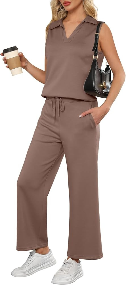 ANRABESS Two Piece Sets for Women Summer Outfits Lounge Sets Polo Tank Tops Wide Leg Crop Pants V... | Amazon (US)