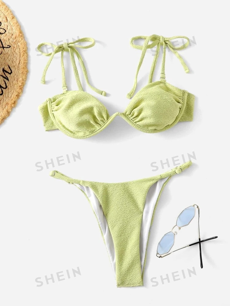 SHEIN Swim Mod Summer Beach Plain Tie Shoulder Underwire Bikini | SHEIN