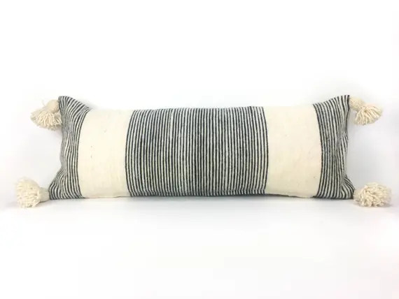 14" X 36" Striped Ivory and Black Pom Pom Long Lumbar Pillow Cover - Wool - Handwoven - Handmade ... | Etsy (US)