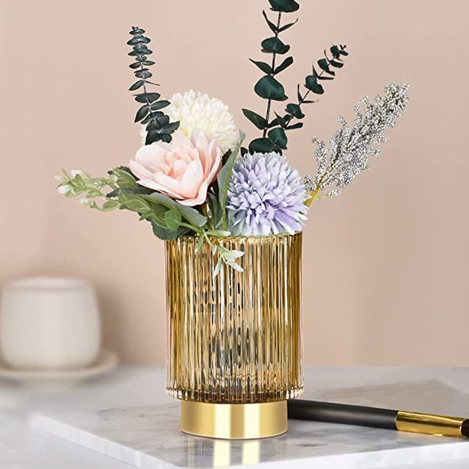 Glass Vase, Gold-Tone Metal Base , Flower Vase Decorative for Home Office Wedding Holiday Party C... | Amazon (US)