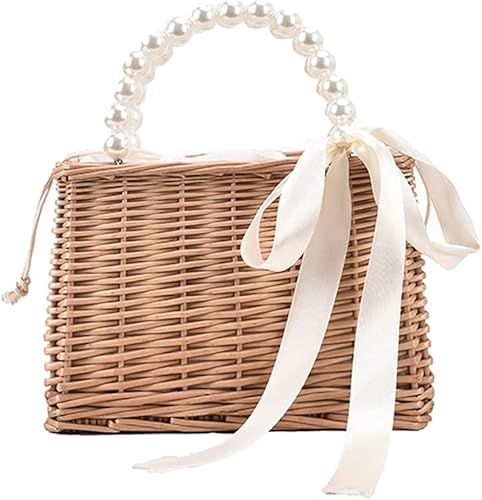 Pearl Handle Rattan Handbag, Straw Shoulder Bag Tote Bags, Mini Basket Handbag | Amazon (US)