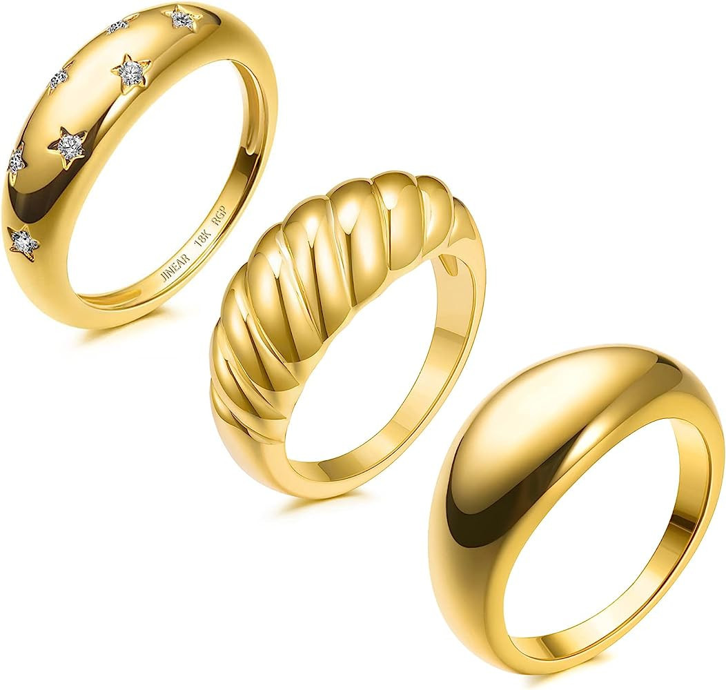 JINEAR 18k Gold Plated Croissant Braided Twisted Signet Chunky Dome Ring Stacking Star Band for W... | Amazon (US)